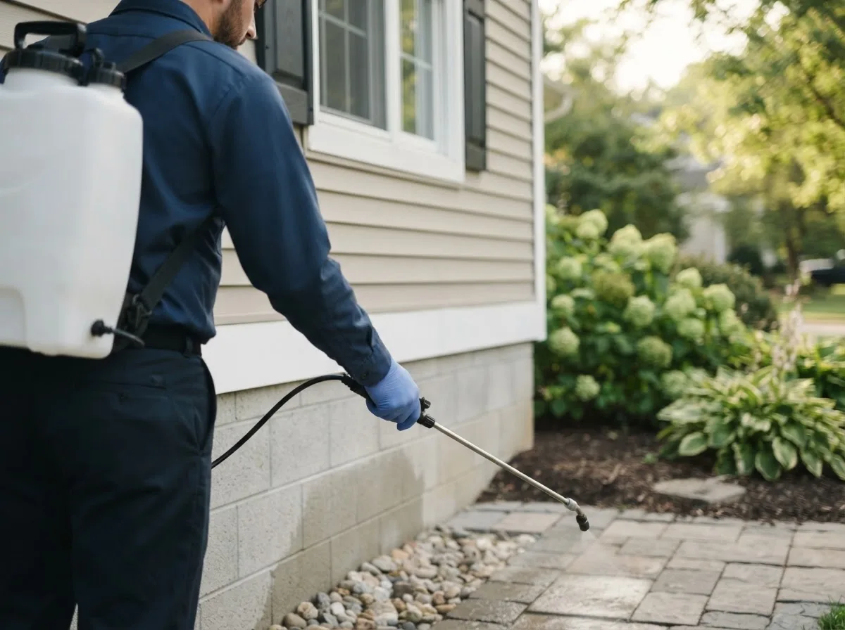 Pest control technician inspecting a home in Howell, MI
